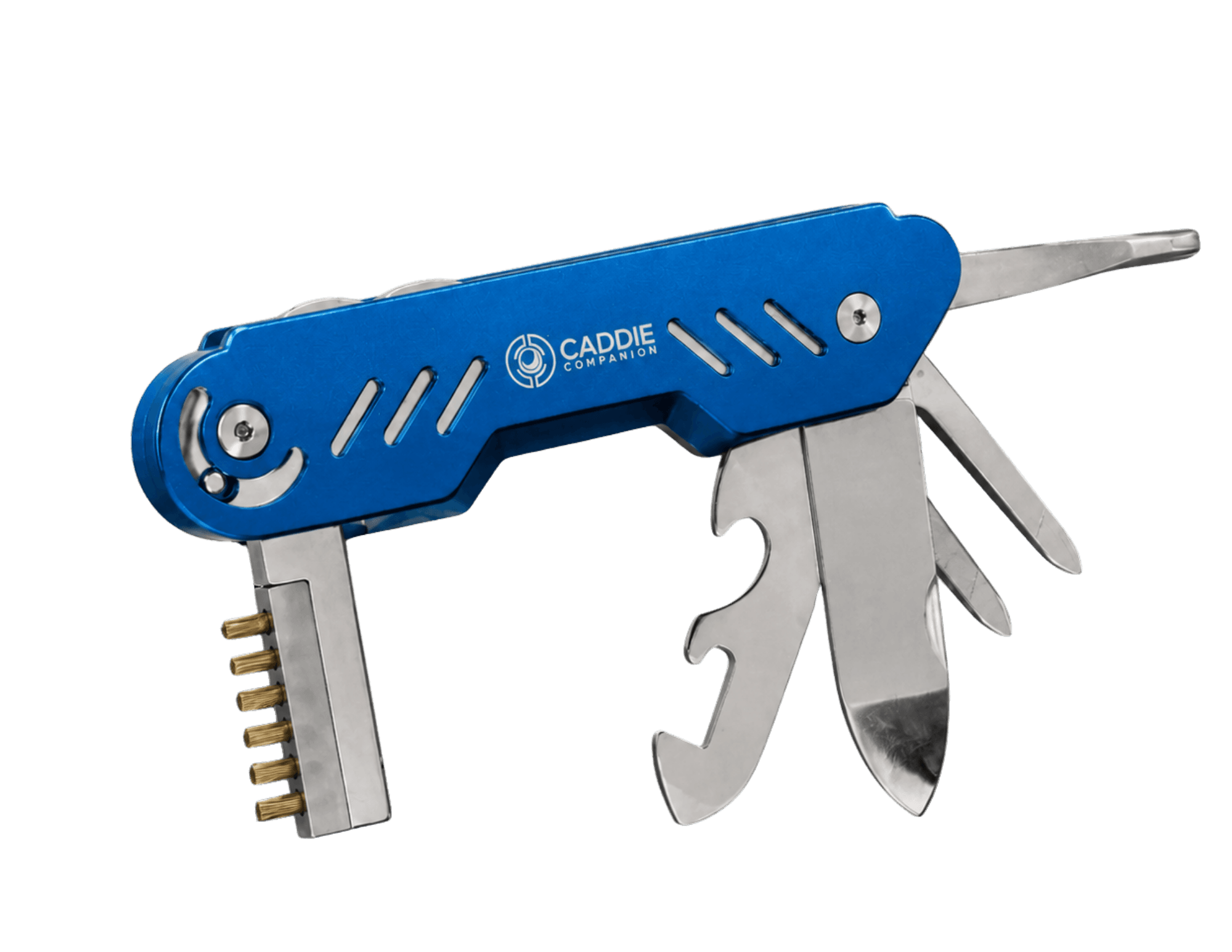 Caddie Companion folded fully open, every tool fanned out