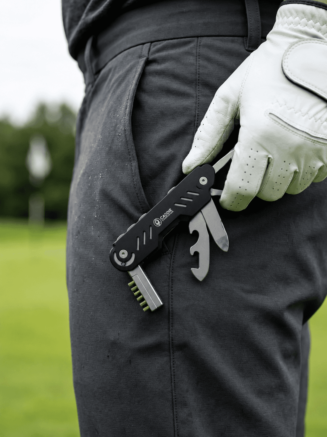 Pocket-sized and always within reach on the course A gloved golfer drawing the black Caddie Companion multi-tool from a trouser pocket on the course