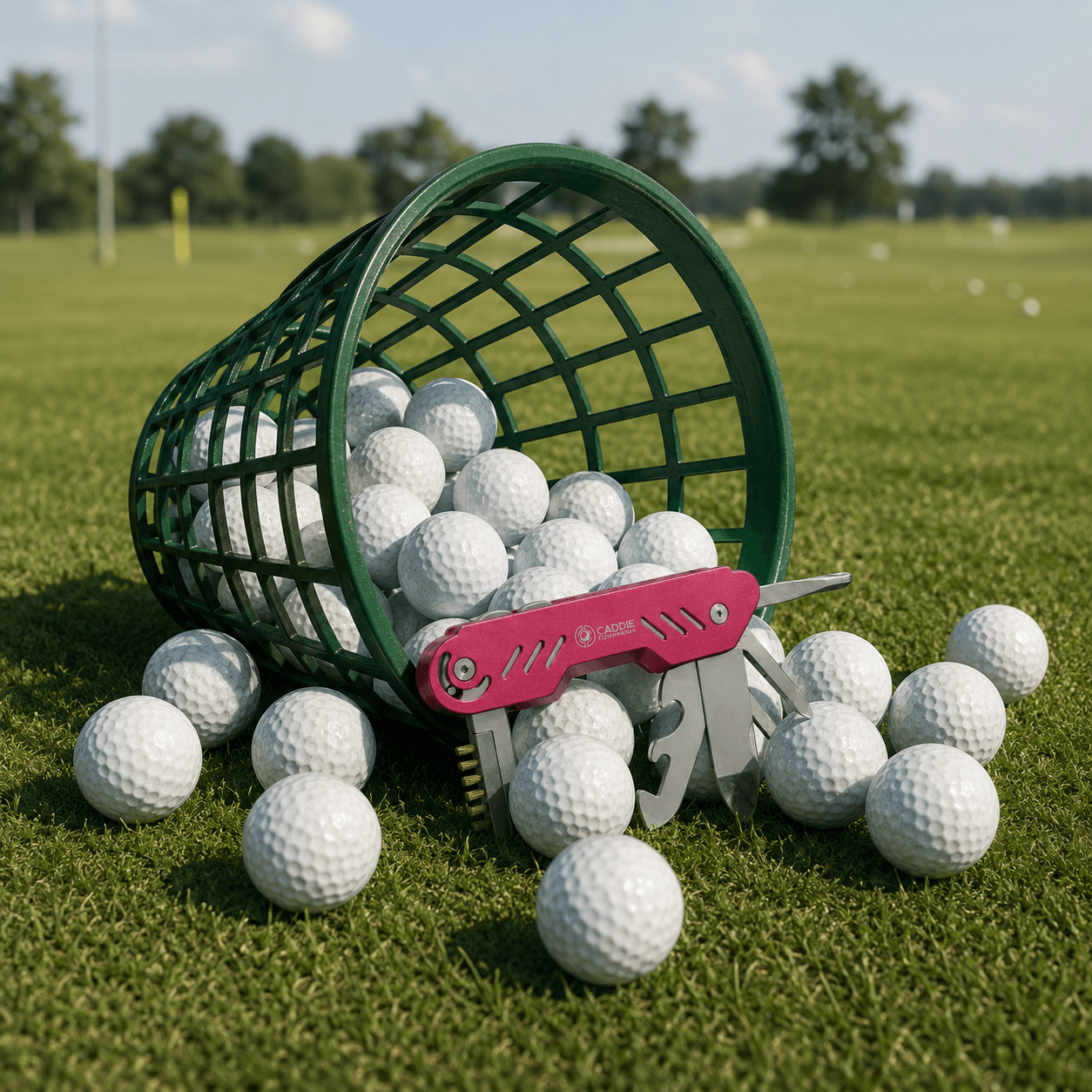 Six tools, one machined frame The red Caddie Companion multi-tool resting against a range basket of golf balls